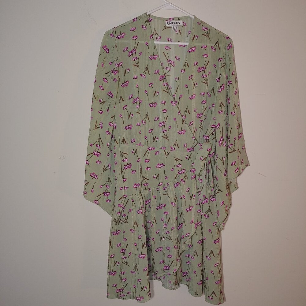 Unique 21 Light Green Floral Kimono Sleeve Wrap Up Ruffled Midi Dress Size 12